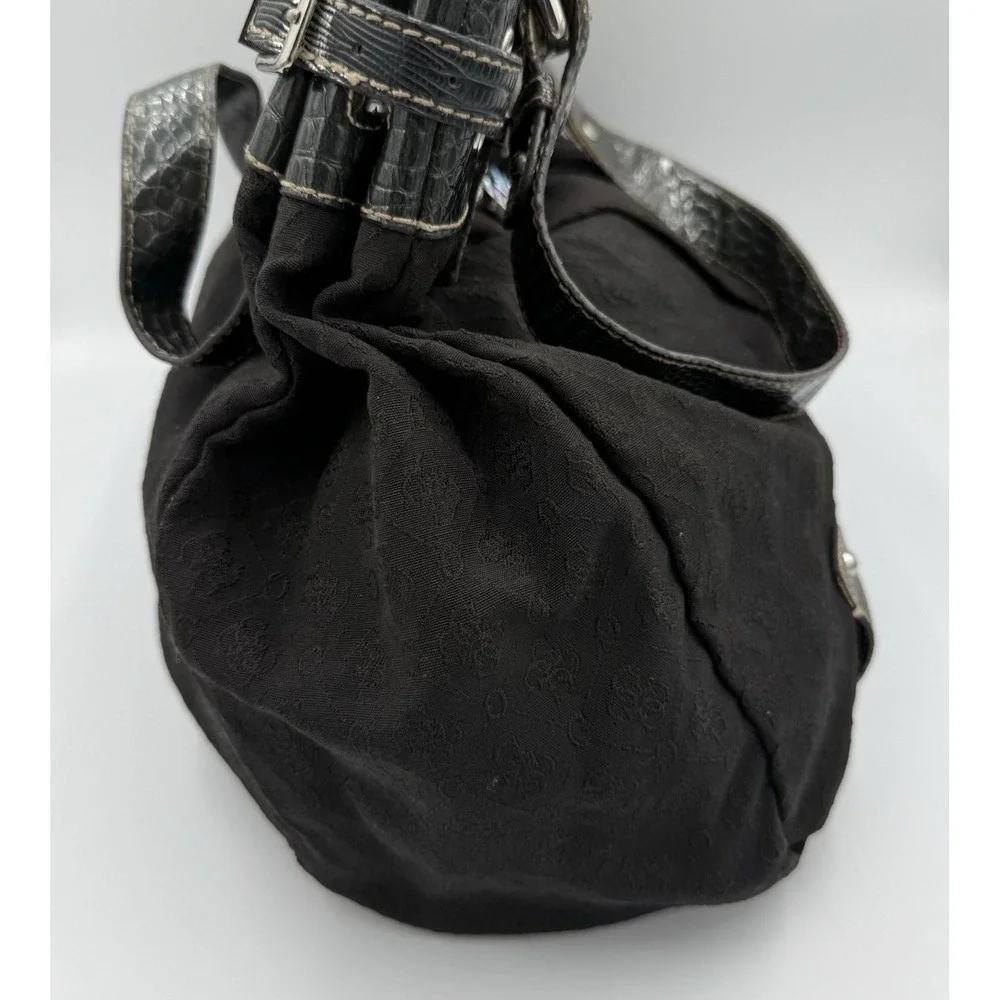 Vintage Y2K GUESS Black Monogram‎ Pleated Shoulder Bag Rhinestone Logo Croc Hobo
